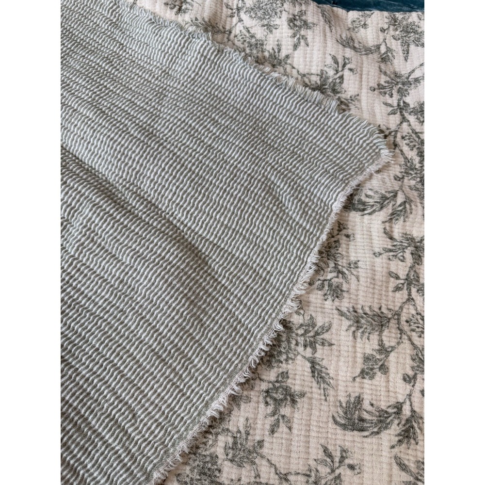Aphorism Green Toile Throw Blanket 100% Cotton Reversible Floral Fringe Cottage